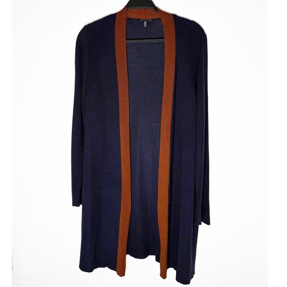 Eileen Fisher Womens Open Front Duster Cardigan Sweater Navy Brown Side Slits LP - Picture 4 of 9